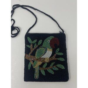 Vintage Ermo Micro Beaded Purse Black Green Parrot Floral Evening Bag Crossbody